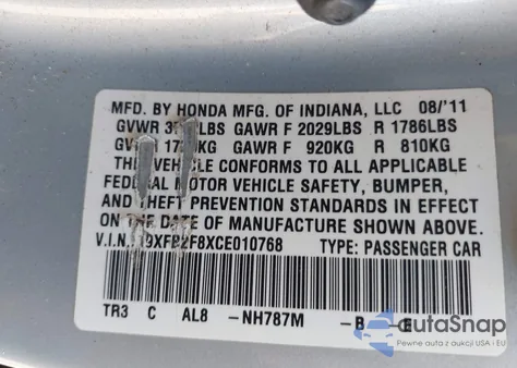 2012 Honda Civic Ex z USA, uszkodzony, nr VIN 19XFB2F8XCE010768